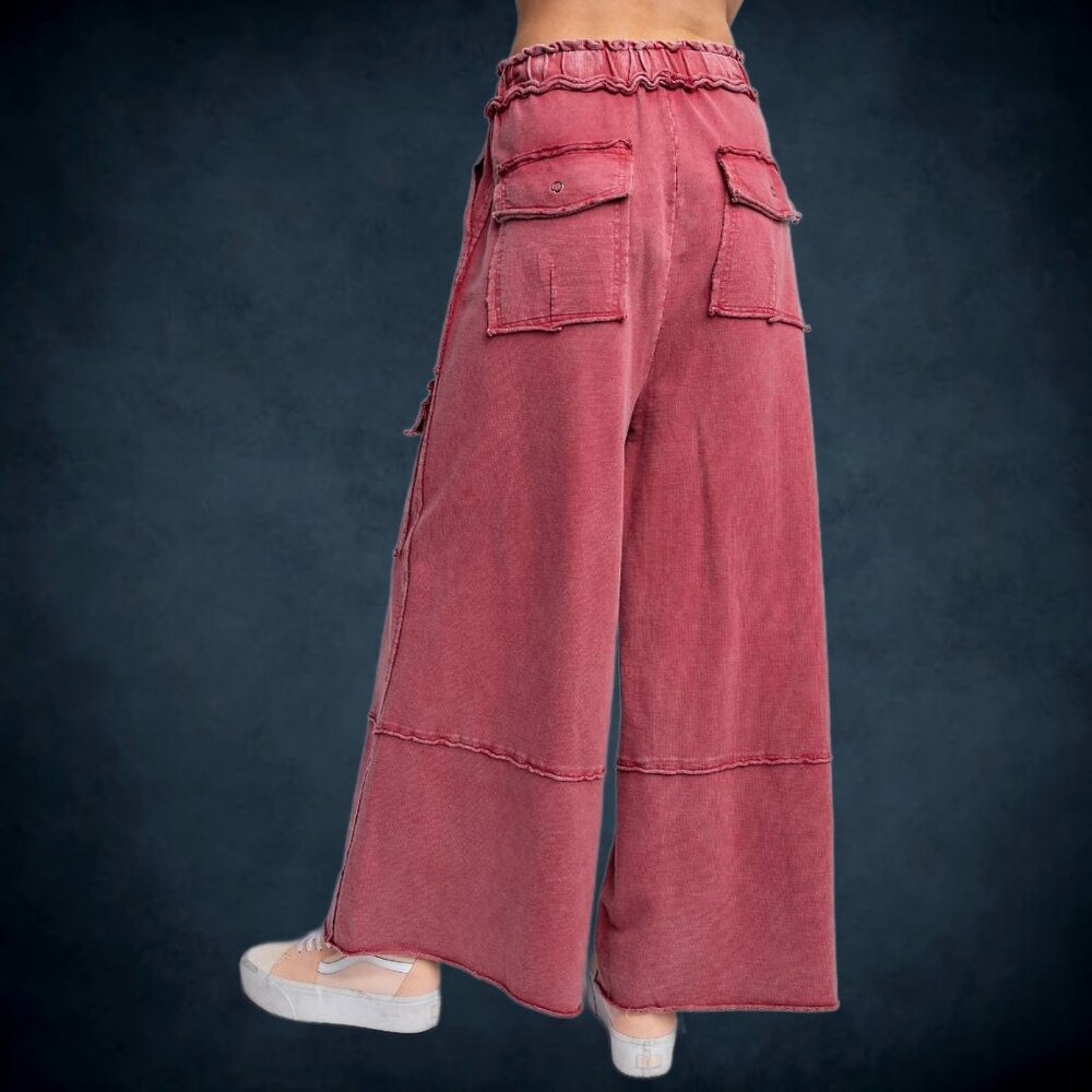 📌 EASEL “Feeling Good Cargos” Mineral Wash Flared Leg Raw Seams & Hems, Pockets - Picture 6 of 16
